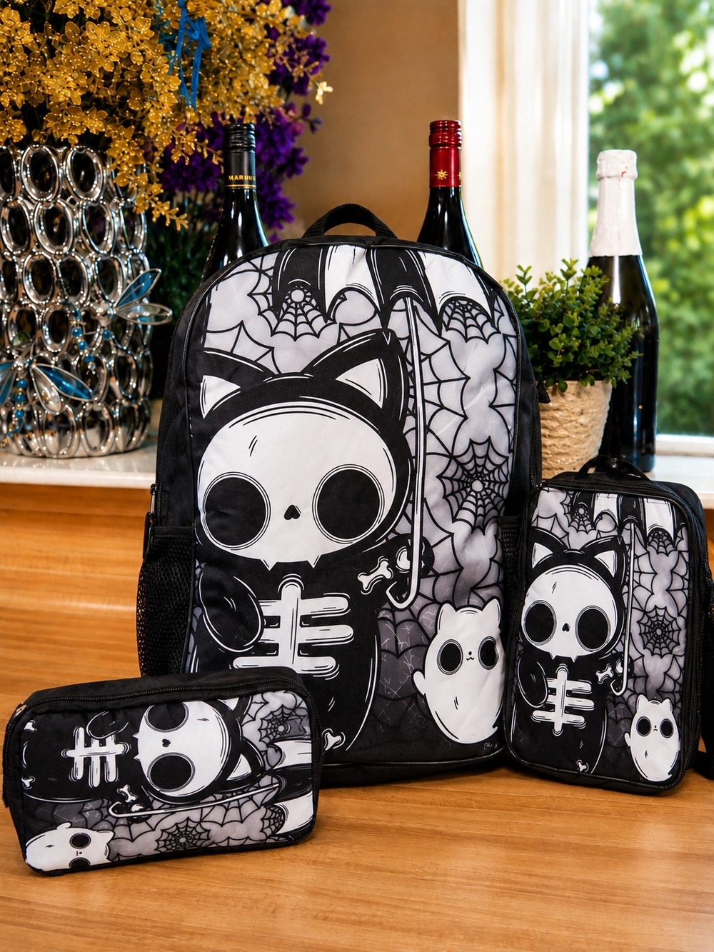 Spooky Cat Skeleton Black Backpack Set - 3 Piece Home Party Supplies